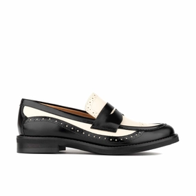 Angelina - Black & Cream - Women's leather almond toe penny loafer with broguing Brioni Loafers