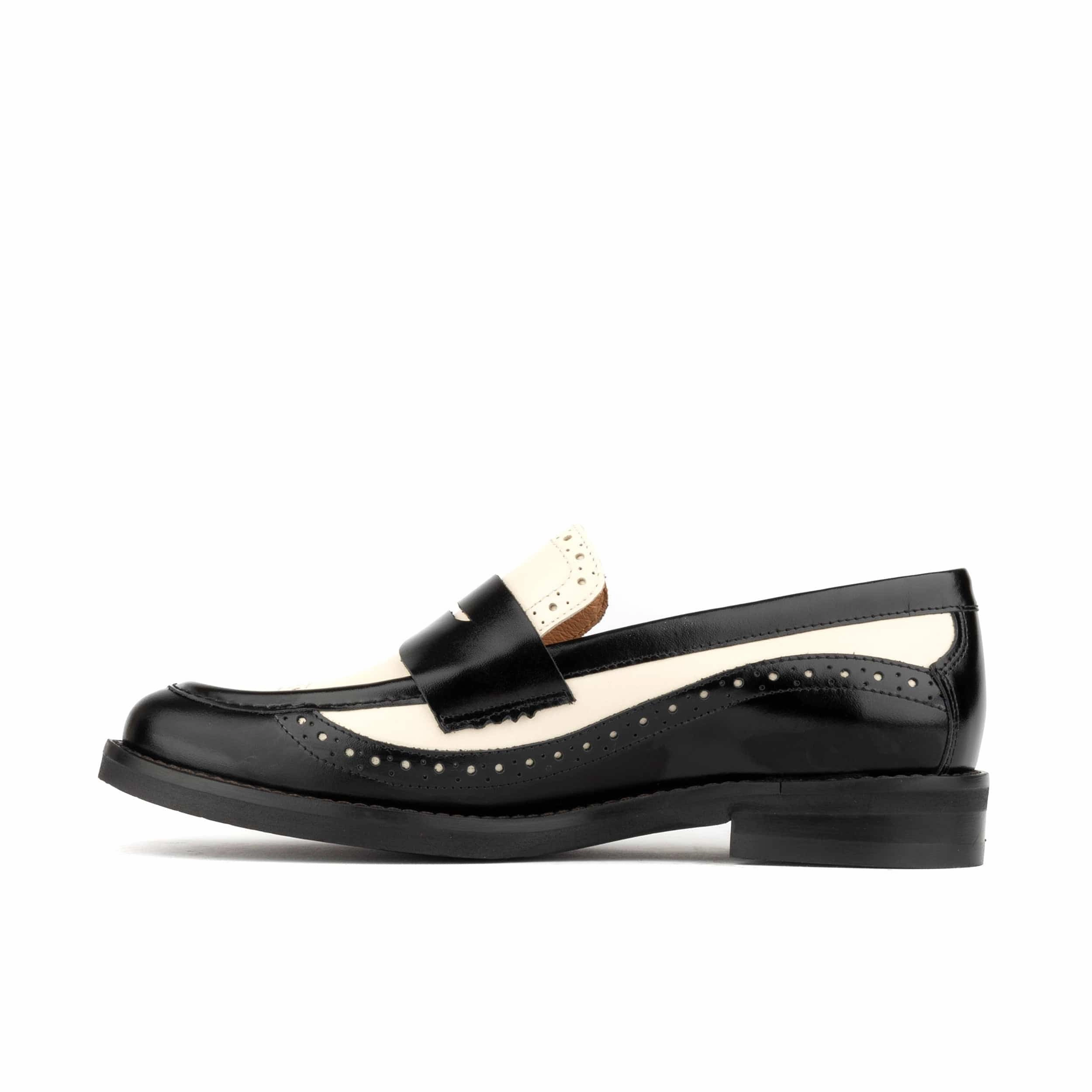 Angelina - Black & Cream - Women's leather almond toe penny loafer with broguing Loafers Panterprint
